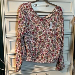 NWT Loft Long Sleeve White & Floral Cropped Blouse with Elastic Waistband